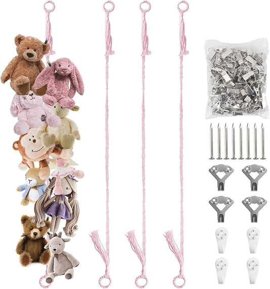 Stuffed Animal Storage Chain 80 Inch, 4pcs Pink Hanging Stuff Animals organizer, Cotton Toy Display Chain with 80 Clips, Toys Organizers Holder for Toddler Kids Nursery Room Wall Corner Decor