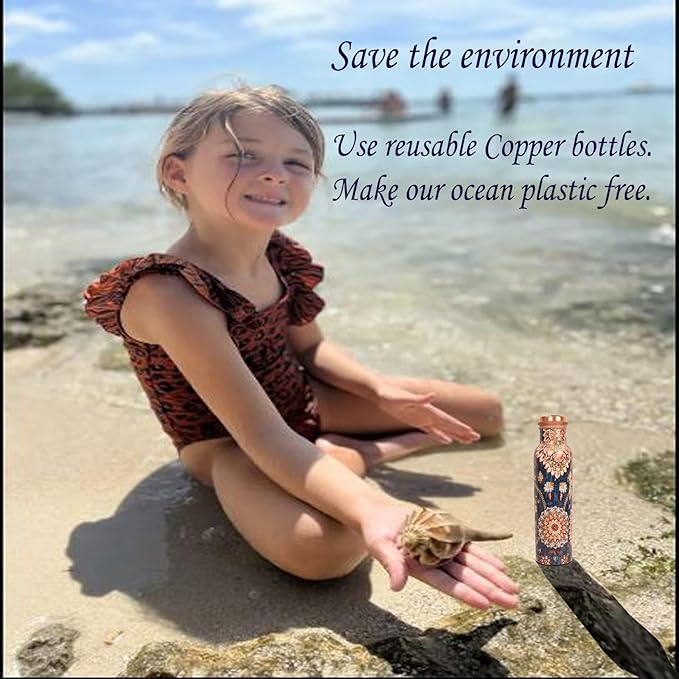 Pure Copper Water Bottle - Handcrafted - Ayurveda health benefits - Large 35 oz - Leak proof - Easy to carry for Sports, Fitness, Yoga, School - Indigo Blue Base Floral Patterns Enamel