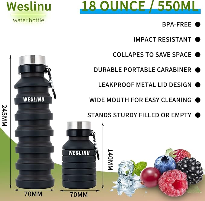 Collapsible Water Bottle, Reuseable BPA Free Silicone Foldable Water Bottles for Travel Gym Camping Hiking, Portable Leak Proof Sports Water Bottle…