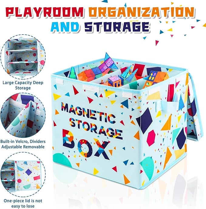 Magnetic Tiles Toy Organizer Box, Magnetic Tiles Toy Carry Case with Dividers, Playroom Organizer Travel Storage Organizer Bin, Magnetic holder Foldable Storage Cubes Bins and Lid