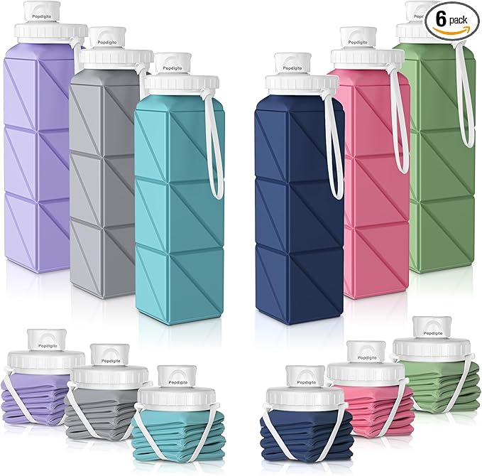 Collapsible Water Bottles,BPA-Free Leak-Proof Silicone Foldable Water Bottle Cup 20.6oz,Durable Lightweight Bottle for Gym Travel Camping Hiking Running (Mix colors 6pcs)