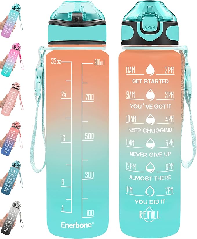 Enerbone 32 oz Drinking Water Bottle with Times to Drink and Straw, Motivational with Carrying Strap, Leakproof BPA & Toxic Free, Ensure You Drink Enough Water for Fitness Gym Outdoor