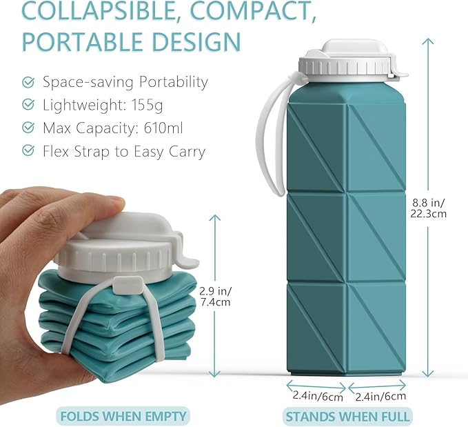 Collapsible Water Bottles, Silicone Foldable Portable Water Bottle 610ml, Lightweight Reusable Leakproof for Travel Camping Hiking Cycling Yoga Sports Outdoor