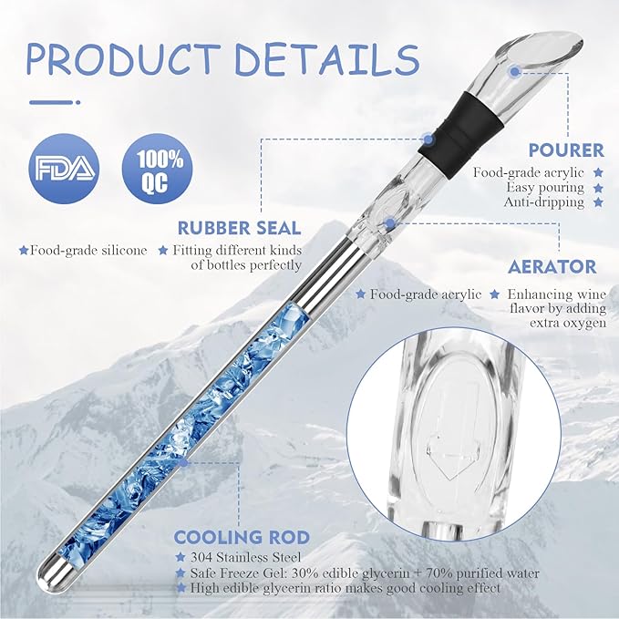 3-in-1 Stainless Steel Wine Chiller Stick, 3 Bottle Stoppers for Free, Wine Bottle Cooler Stick, Rapid Iceless Wine Chilling Rod with Aerator and Pourer, Wine Gift for Wine Lovers.