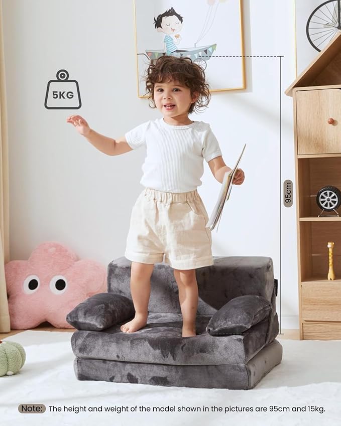 Weighted Idea 2-in-1 Kids Sofa Couch Fold Out for Girls and Boys, Folding Toddler Chairs Comfy Children Couch Baby Recliner, Convertible Sofa to Lounger for Reading Sleeping (Grey, 23.5x18x16 inches)