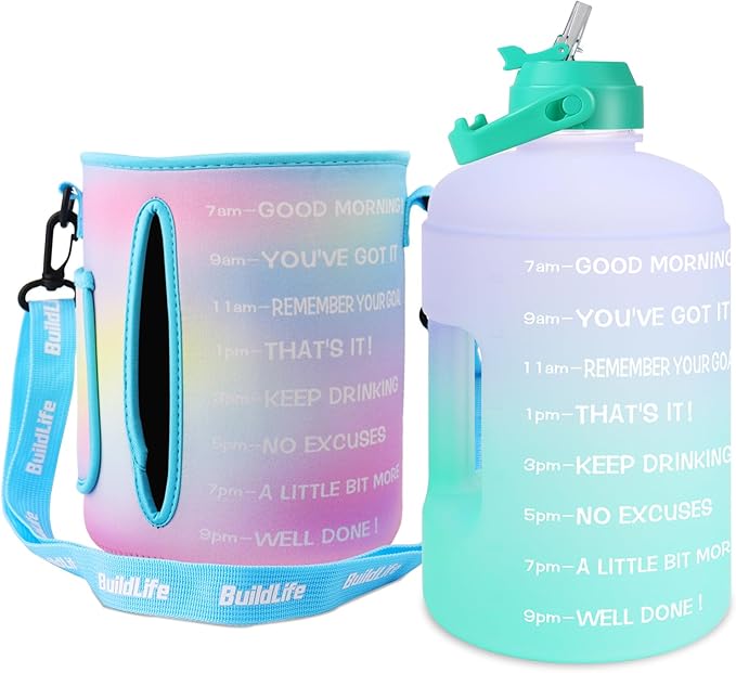 QuiFit 1 Gallon Water Bottle - with Straw & Motivational Time Marker Leak-Proof BPA Free Reusable Gym Sports Outdoor Large(128OZ) Capacity Water Jug(Purple/Green with Sleeve,1 Gallon)