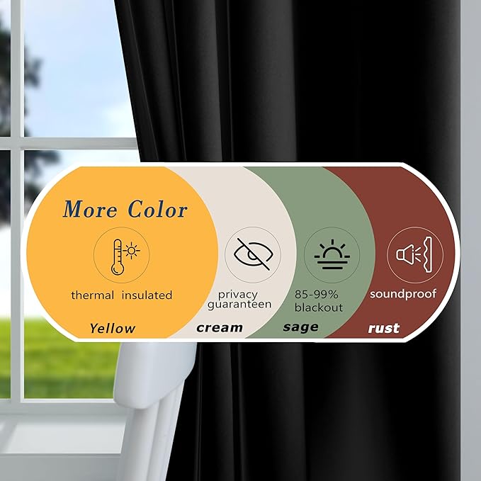 Mrs.Naturall Black Curtains 52x90 Inch Length for Bedroom 2 Panels Set Blackout Drapes