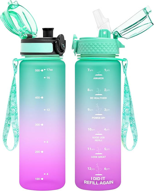 OLDLEY Kids Water Bottle for School, 17 oz (2 lids) BPA-Free Reusable Leak-proof Durable Tritan Plastic Water Bottles with Straw & Chug Lids, Anti-dust Spout Cover (Green Purple)
