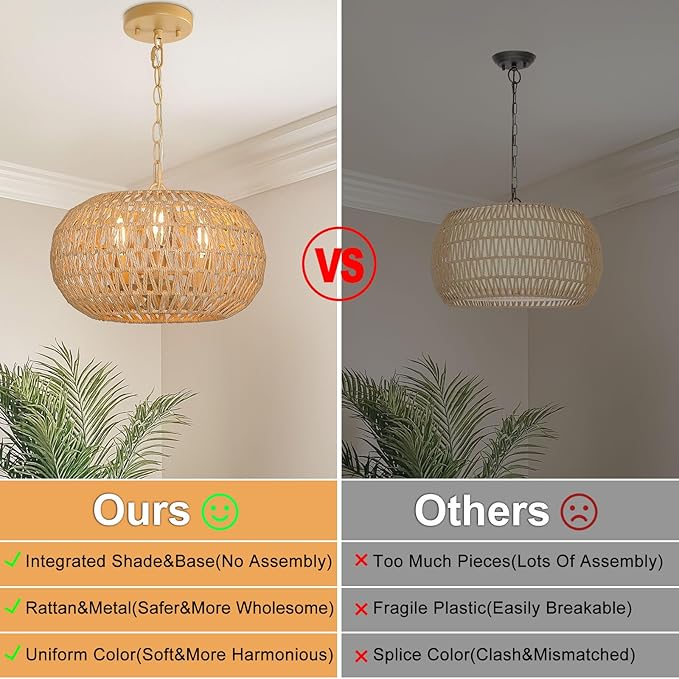 Rattan Farmhouse Chandeliers for Dining Room, 3-Light Boho Chandelier with Wicker Lampshade, Coastal Hanging Ceiling Pendant Light Fixtures for Kitchen Island Bedroom Living Room, E12 Base