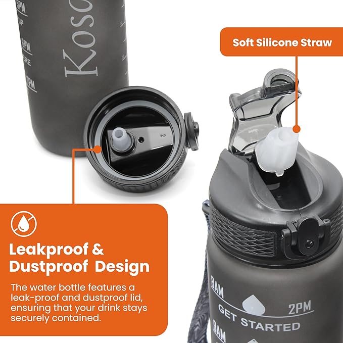 KOSAM Water Bottle 1L Sports Water Bottle with Motivational Time Marker & Straw, Dishwasher Safe Leak-proof Drink Bottle BPA Free Non-Toxic Tritan Material 1 Click Open for Running Gym