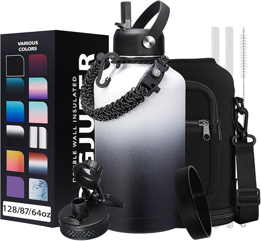 64OZ Stainless Steel Water Bottle with Paracord Handle, Straw/Spout Lid, Half Gallon Vacuum Insulated Water Flask Jug, Leak-proof Large Sports Jug for Outdoor Hiking Biking Travel Camping