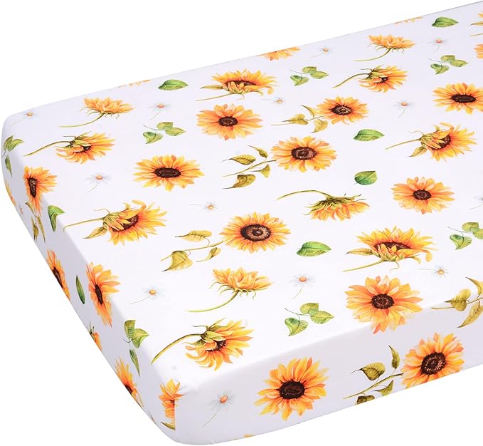 JISEN Baby Crib Sheet 1 Piece Portable Fitted Crib Sheet for Standard Crib and Toddler Mattresses Nursery Bed Decor for Boys Girls 28x52 Inch Sunflowers