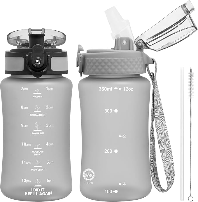 OLDLEY Kids Water Bottle for School, 12 oz (2 lids) BPA-Free Reusable Leak-proof Durable Tritan Plastic Water Bottles with Straw & Chug Lids, Anti-dust Spout Cover (Grey)