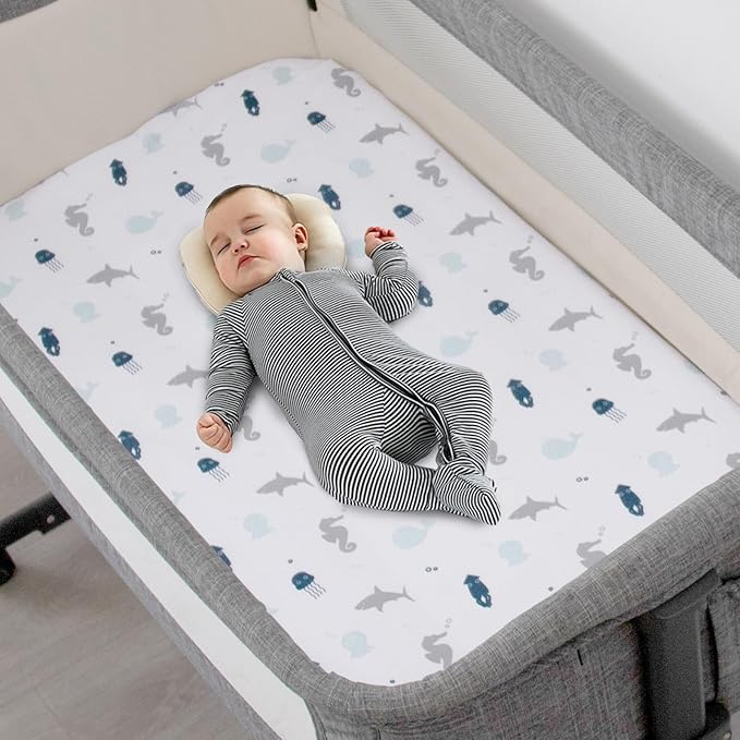 Bassinet Fitted Sheets 4 Pack Compatible with 20" x 33" Baby Delight, Mika Micky and Dream On Me Traveler/Skylar/Seashell/Lotus Bassinet, Ultra Soft and Skin-Friendly, Aqua Dinosaurs & White Ocean