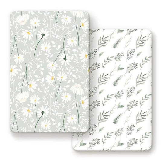 GRSSDER Stretchy Ultra Soft Jersey Knit Fitted Pack n Play Sheets Set 2 Pack, Universal Fitted Portable Pack and Play/Mini Cribs Sheets for Girls, Stylish Watercolor Daisy Flower