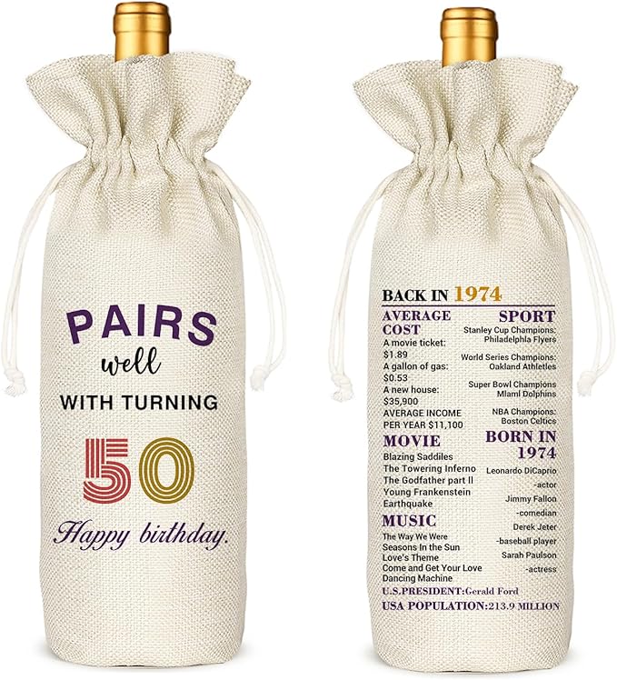 Socive 50th Birthday Gift for Women Men,50th Birthday Wine Bag,1974 Birthday Wine Bag,50 Years Old Birthday Party Decor Gift (50 BIRTHDAY)