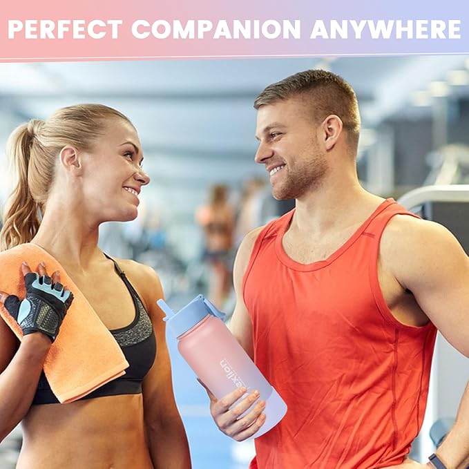 Water Bottle 32oz, Triple Walled Insulated Stainless Steel Reusable Bottle, Silicone Sleeve, Cleaning Brush, 2 Lids (Spout lid & Straw lid w/2 straw), Metal Mug Gallon, BPA Free, Pinky