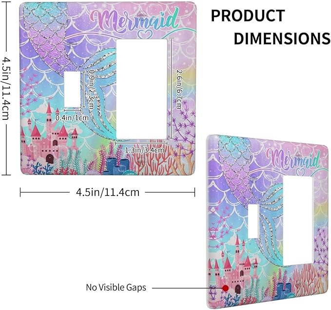 Silvery Glitter Cute Mermaid Tail Fantasy Castle 2 Gang Single Toggle Rocker Combination Light Switch Covers Wall Plate Cover Electrical Faceplate Decorative Switchplate for Kidroom Nursery Bedroom