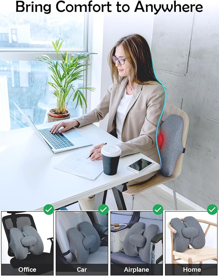 Lumbar Support Pillow for Office Chair Back Support Pillows for Car, Computer, Gaming Chair, Recliner Memory Foam Pillow for Pain Relief Adjustable Strap Improve Posture (with Small Cushion)