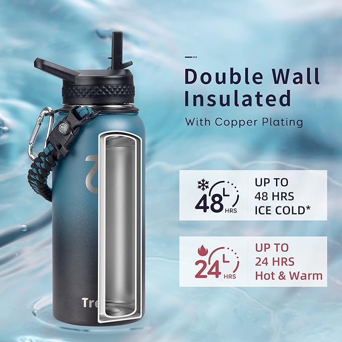 Trebo 32oz Water Bottle Insulated with Lid and Straw,Double Wall Vacuum Stainless Steel Metal Tumbler Sports Flask with Paracord Handle, Keep Cold 48 Hours Water Cup with 3 Lids, Indigo/Black
