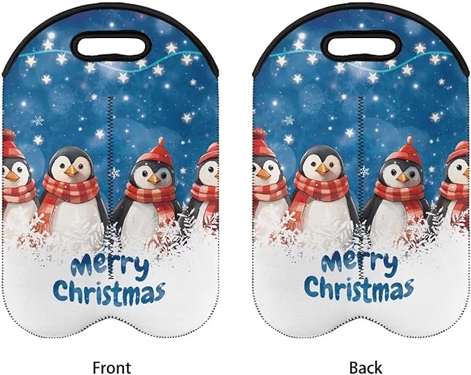 doginthehole Merry Christmas Wine Carrier Tote Bag for 2 Bottles Cute Penguin Neoprene Wine Bottle Holder with Carry Handle, Wine Protective Bag Beer Cans Water Bottle Holder for Travel Picnic