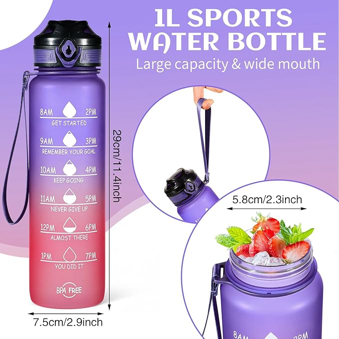 Water Bottle 32 oz, Motivational Sports Water Bottles Tritan BPA Free Water Bottle No Straw With Time Marker, Wide Mouth Leakproof Water Bottle with Strap for Gym Fitness Hiking Bike Camping - Purple