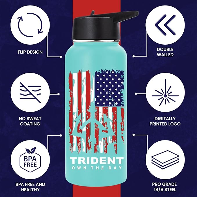American Flag Water Bottle, 32 oz Insulated Water Bottle, Reusable Water Bottle with Straw, Leak Proof Water Bottles, Thermos Water Bottle - Combat Veteran Small Business (Teal, 32 Oz)