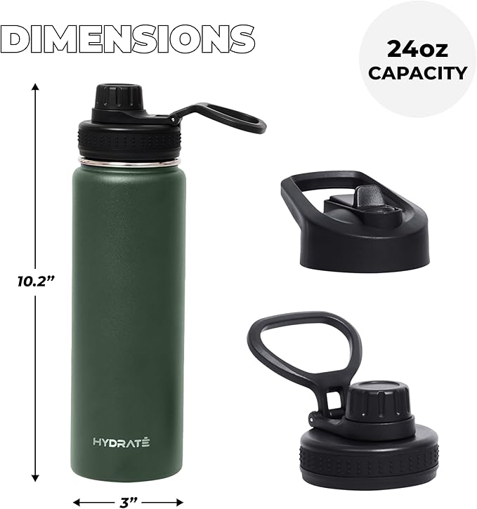 HYDRATE Insulated Stainless Steel Water Bottle - Large Reusable Flask with Leak-Proof Design and Convenient Handle - Double Vacuum Insulation for School, Work, or Adventure