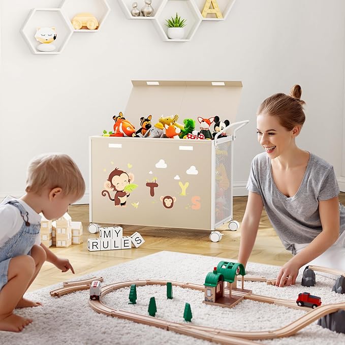 Toy Box Toy Storage - 72L Kids Toy Organizer with Wheels Toy Chest Storage Bins with Lids, Toy Boxes for Girls Boys, Stuffed Animals, Clothes, Bedroom, Living Room （beige）