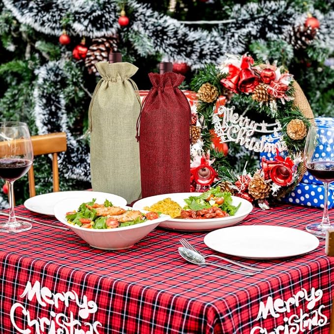 Shintop 10pcs Jute Wine Bags, 14.4 x 5.6 inches Hessian Wine Bottle Gift Bags with Drawstring （5 colors）