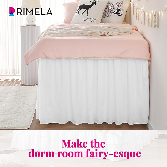 RIMELA Dorm Bed Skirt Twin XL 25 Inch Drop, Extra Long Wrap Around Elastic Bed Skirts Easy to Put On Twin Size Dust Ruffle, White Bedskirt for Adjustable Bed Base Solid Silky Fabric Machine Washable