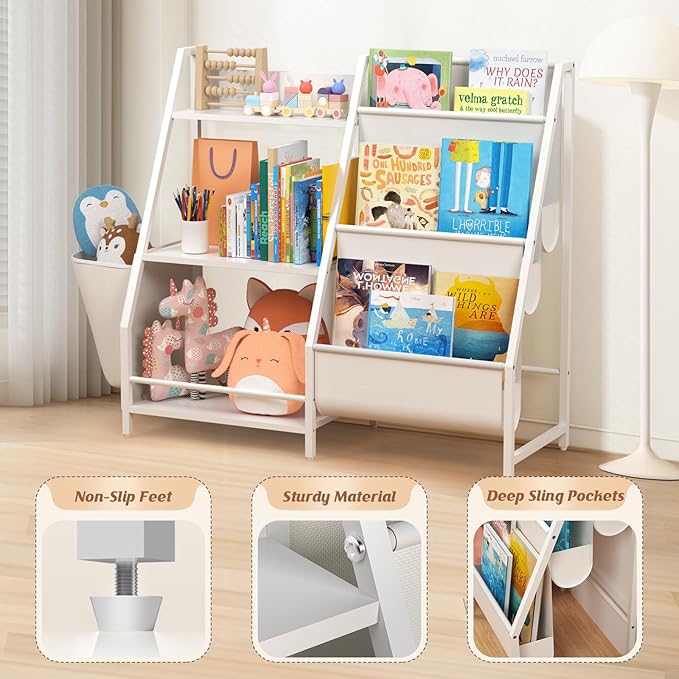 Kids Bookshelf and Toy Storage, Montessori Baby Toddler Bookshelf for Kids, Kids Bookcase Toy Storage Organizer for Kids Rooms, Playroom, Bedroom, Nursery