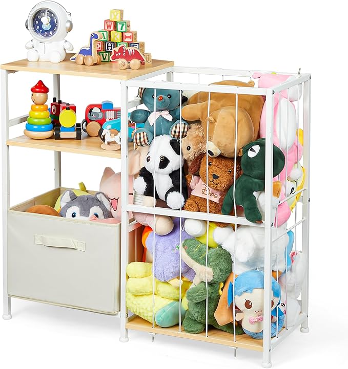 Stuffed Animal Storage, Kids Toy Storage Organizer with Toy Box for Boys Girls Kids Toddlers Baby, Stuff Animal Organizer with Elastic Cord for Playroom Living Room and Kids Room Organization