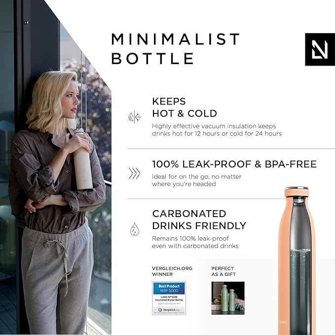 LARS NYSØM Stainless Steel Insulated Water Bottle 12oz 17oz 25oz 34oz 51oz | BPA-free Insulated Thermo Flask for Hot and Cold Beverages | Leakproof Drinking Bottle (Creamy Peach, 25oz)