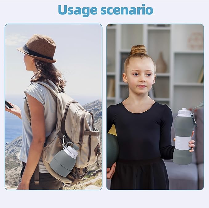 Collapsible Water Bottle, 19.6oz Leakproof Foldable BPA Free Silicone Reusable Sports Bottle, Portable Refillable Bottles with Carabiner, Ideal for Travel Hiking Outdoor Camping Gym (Gray)