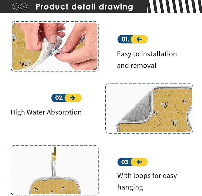 Funny Bees Honey Faucet Water Catcher Mat 2 Pack Yellow Bumblebee Beehive Drying Mat Absorbent Bathroom Faucet Handle Drip Catcher Tray Bar RV Kitchen Sink Splash Guard 30x5 Inches