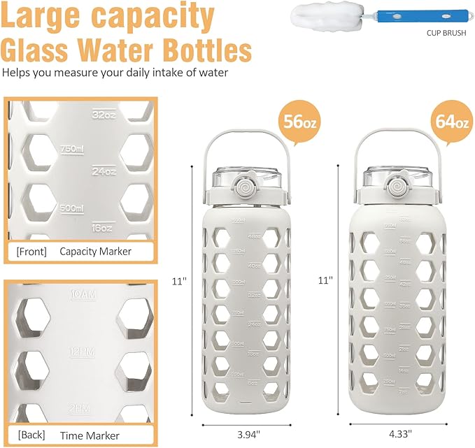 MUKOKO 56oz Glass Water Bottles with Straw and Lid,Motivational Water Jug with Time Marker Reminder and Silicone Sleeve,100% Leakproof BPA Free Fitness Sports Large Bottle-White