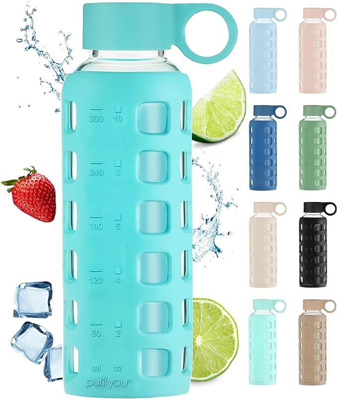 purifyou Premium 40/32 / 22/12 oz Glass Water Bottles with Volume & Times to Drink, Silicone Sleeve & Stainless Steel Lid Insert, Reusable Bottle for Fridge Water, Milk, Juice (12oz Aqua Blue)