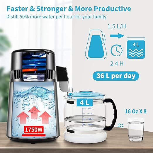 VEVOR 1.1Gal Water Distiller, 0.4Gal/H, Distilled Water Maker Machine 1750W 0-99H Timing Dual Temp Display, 304 Stainless Steel Countertop Distiller Glass Carafe Cleaning Powder 3 Carbon Packs, Silver