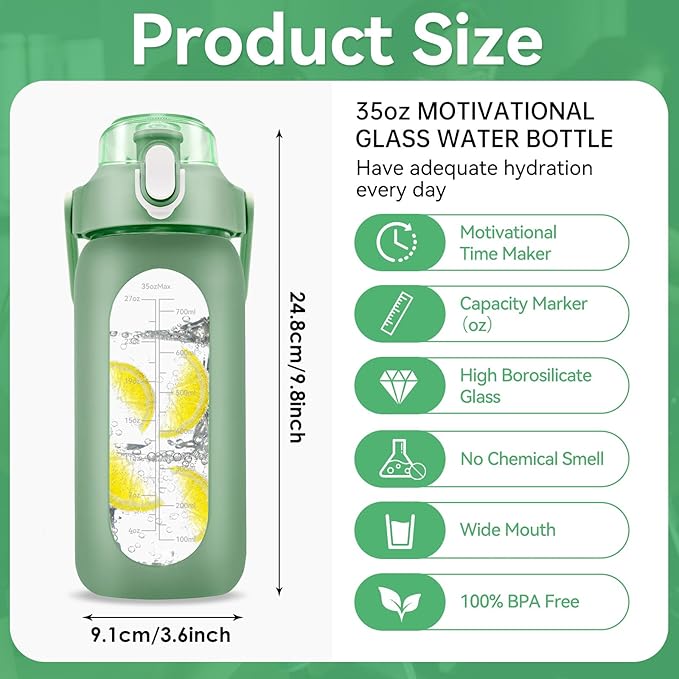 32 oz Glass Water Bottle with Time Marker - 1000ml Large Sports Motivational Water Bottles with Handle & Silicone Case, 1 Liter Leak-proof Measured Drinking Bottle for Gym Fitness Workout (Green)