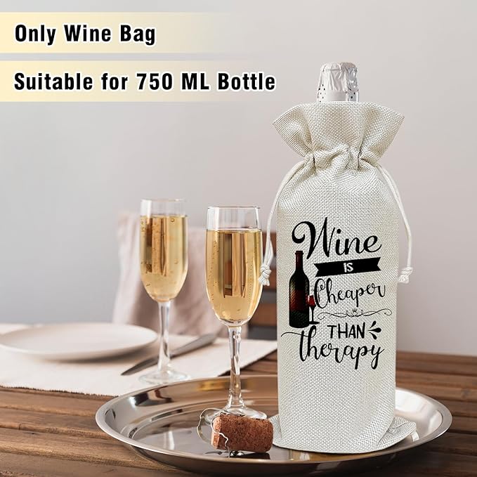 Wine is Cheaper Than Therapy - Wine Canvas Bag, Wine Lover Gift Funny Wine Gift Bag, Birthday Gifts for Women Men, Wine Bags for Wine Bottles, Wine Gifts With Drawstring Holiday Party Decoration -WB22