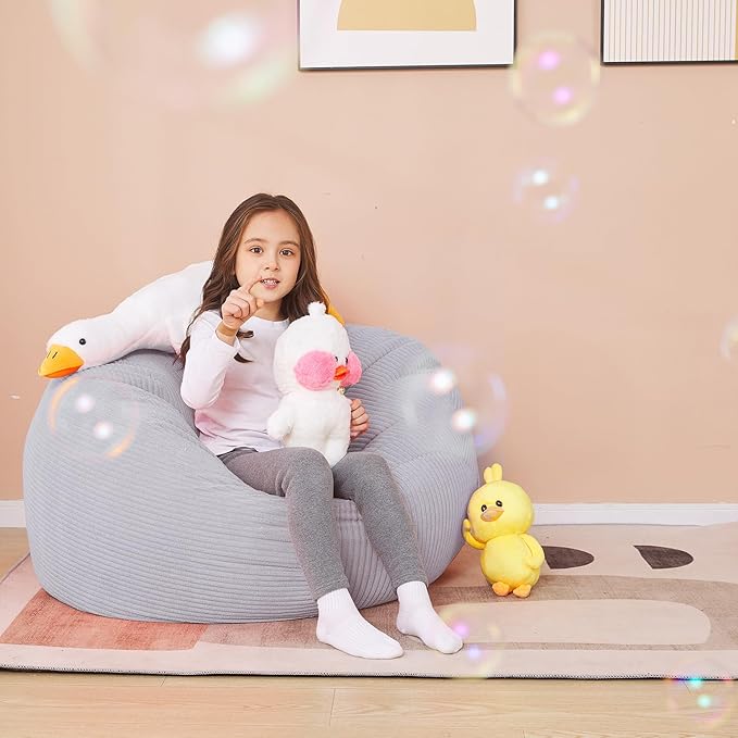 Stuffed Animal Storage Bean Bag Chair Cover for Kids, 38" Beanbag Chairs Cover Plush Toys Organizer Super Soft Corduroy with Handle and Zipper for Boys and Girls - Grey