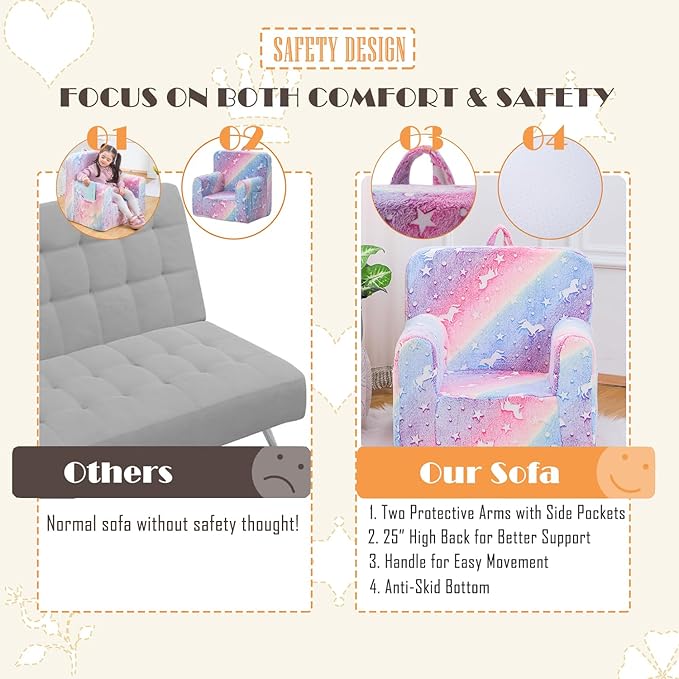 Snuggly-Soft Cuddly Toddler Plush Armchair for Boys and Girls Glowing Pink Fuzzy Plush Kids Sofa Couch Reading Chair with Children Friendly Handle for Easy Movement & Double Pockets for Storage