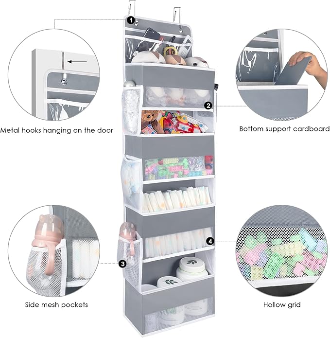 Univivi Over the Door Organizer, 5 Shelf Door Hanging Organizer Nursery Door Storage with 4 Large Compartments and 2 Small PVC Pockets 6 Side Pockets for Bathroom,Cosmetics and Nursery Baby Essential