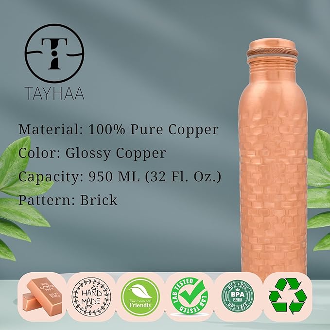 Pure Copper Water Bottle for Drinking - Indian Handmade Ayurveda Healing Benefit Water Bottle for Travel, Hiking, Gym, Office, Outdoor - Normal Finish - 950 ML