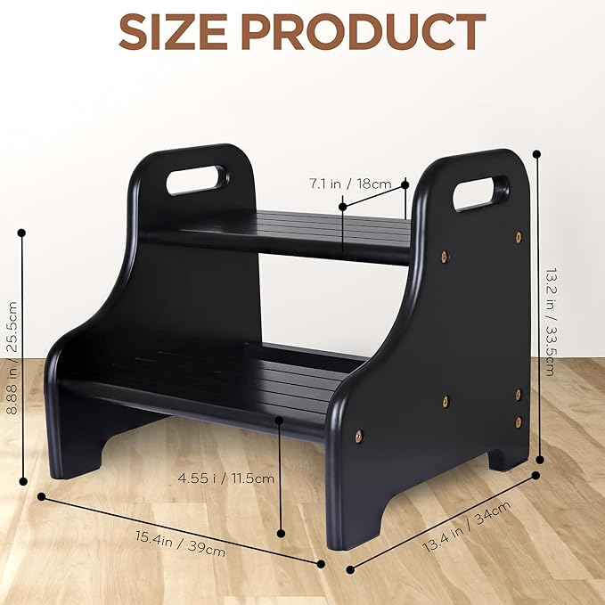 Acacia 2-Step Stool for Kid, Toddler Wood Step Ladder with 2 Handles, Safe Non-Slip Bottom, Rounded Corners, Supports up to 300 lbs, Perfect for Bathroom Bedroom (Black)