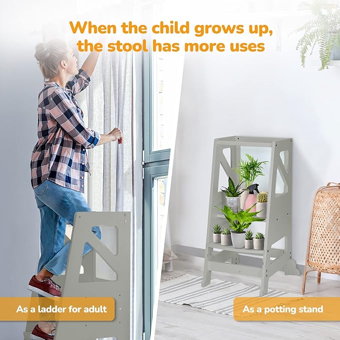 Toddler Step Stool - Toddler Tower with Message Boards & Safty Rail, Adjustable Height Learning Tower for Toddlers 1-3, Chalkboard and Whiteboard, Anti-Slip Protection,Wooden Toddler Counter (Grey)