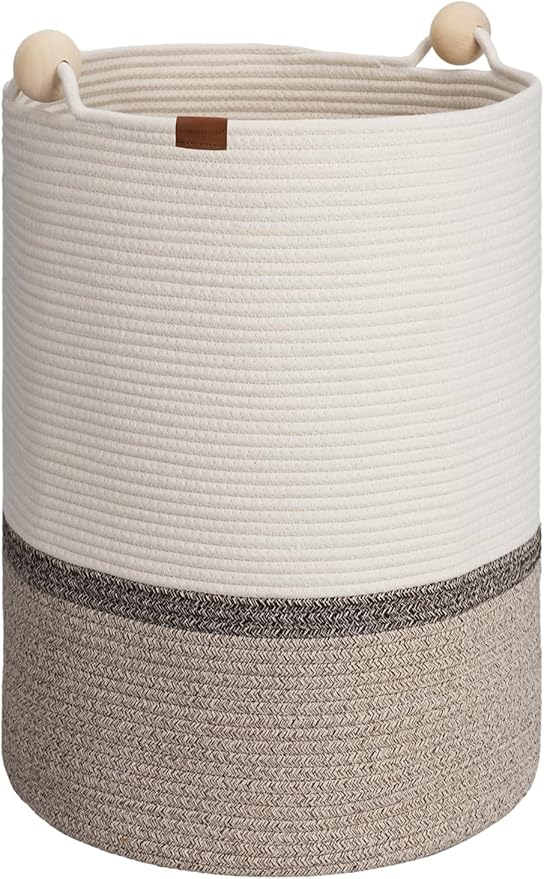 StorageWorks 72L Cotton Rope Laundry Basket with Wooden Beads Handles, Woven Basket for Storage, Dirty Clothes, Kids Toys, Towels, White & Light Brown