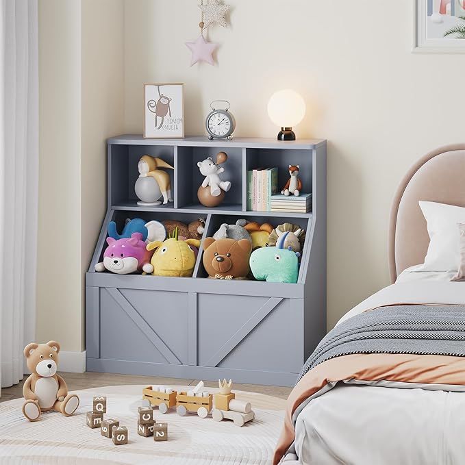 Kids Bookshelf and Toy Storage, Kids Toy Storage Organizer, Toy Storage Cabinet with Toy Shelf, Toddler Bookshelf Toy Organizer and Storage Bins for Playroom, Bedroom, Nursery, Classroom, Daycare
