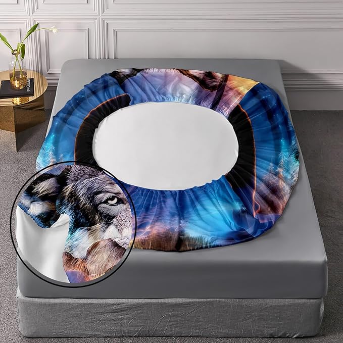 AILONEN Wolf Fitted Sheet Set Queen Size, Winter Forest Wildlife Bedding Set Wolf Sheet Set for Boys Teen Kids,Safari Wolf Printed Bed Sheet Set Wolf Fitted Sheet with 2 Pillowcases,3 Pieces